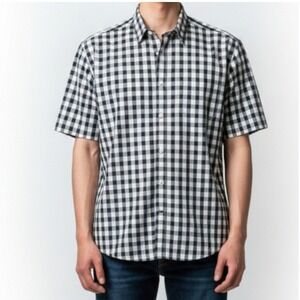 Eddie Bauer Plaid Short Sleeve Shirt Men's XL Blue White Relaxed Fit Cotton